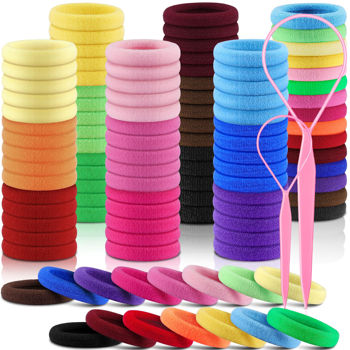 IKOCO front packaging showing 150 colorful small hair ties and included tools for convenience