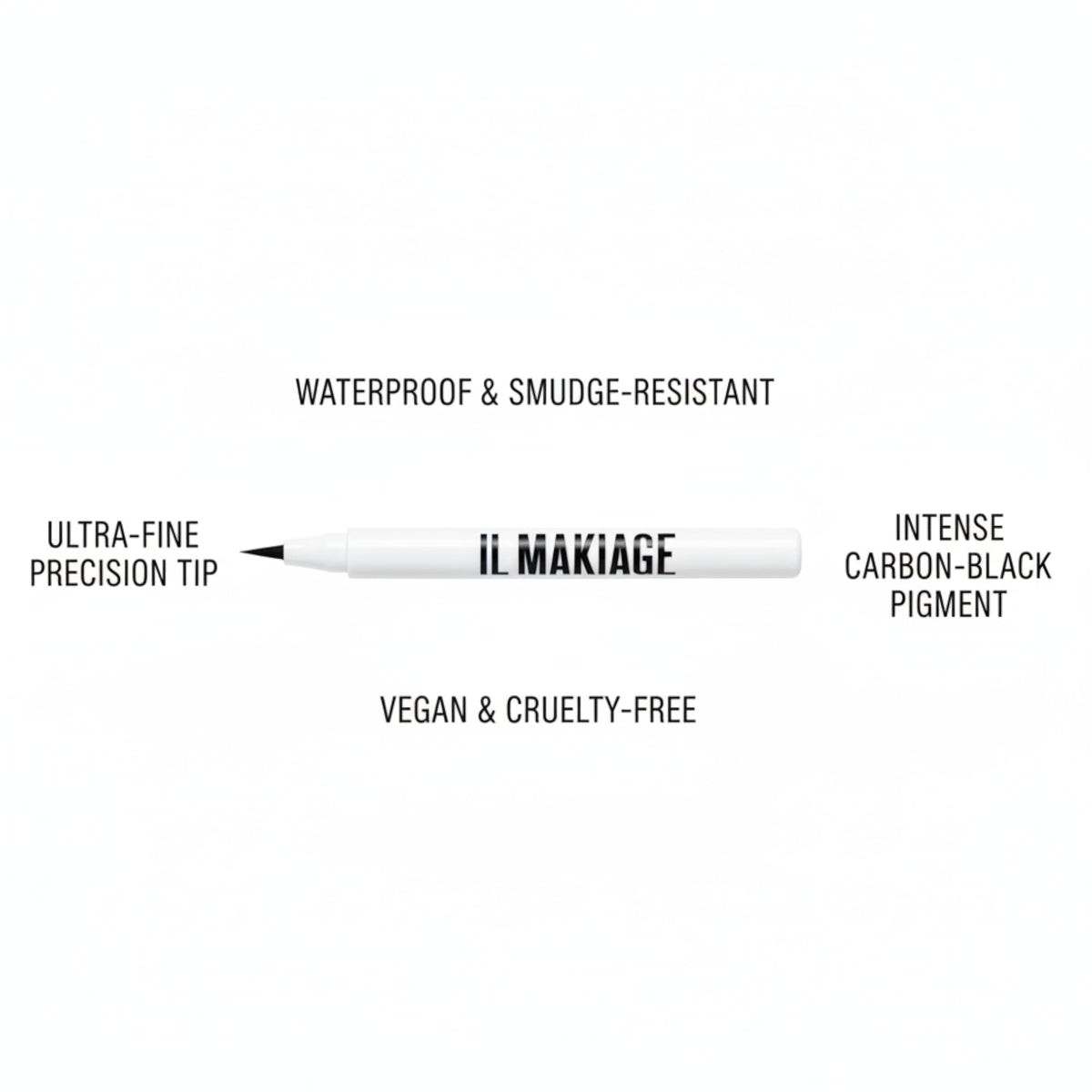 Il Makiage model wearing sharp winged liner showcasing dramatic definition and long-wear finish