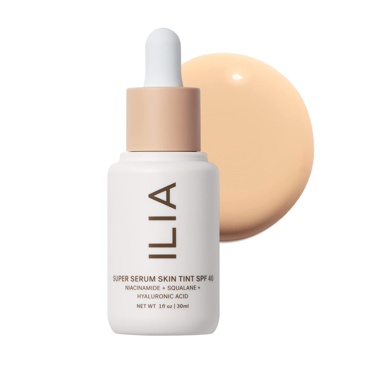 ILIA front packaging showing bottle and cap, clear product benefit visible