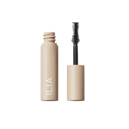 ILIA front packaging showing compact travel-size and clean branding, conveys portability