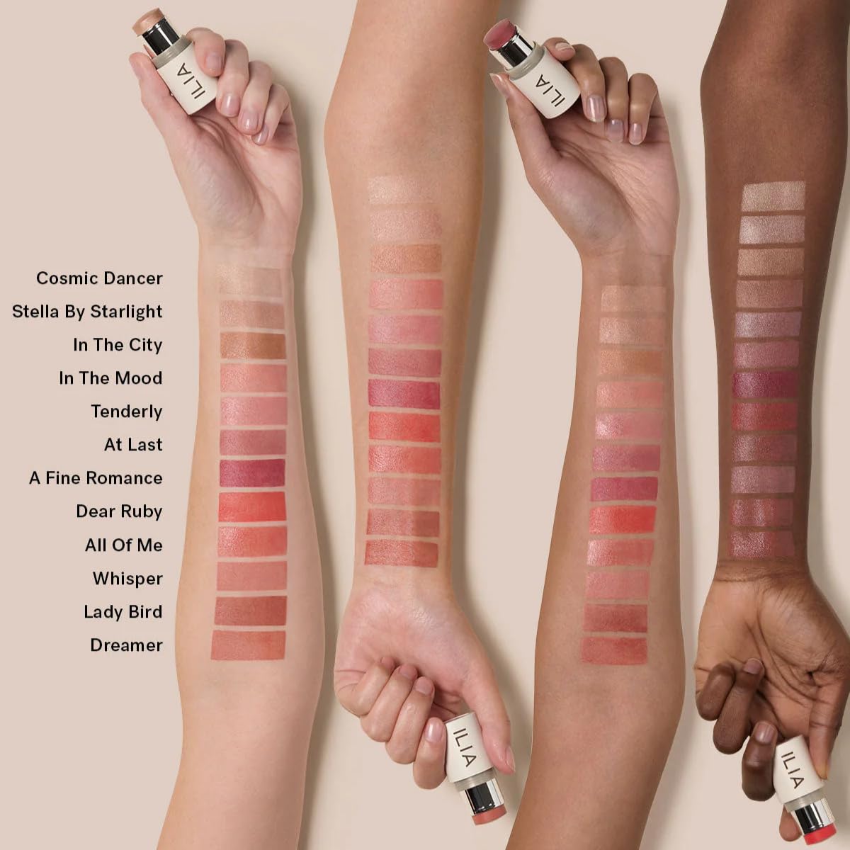 ILIA multi-stick inside a makeup bag illustrating travel-friendly convenience