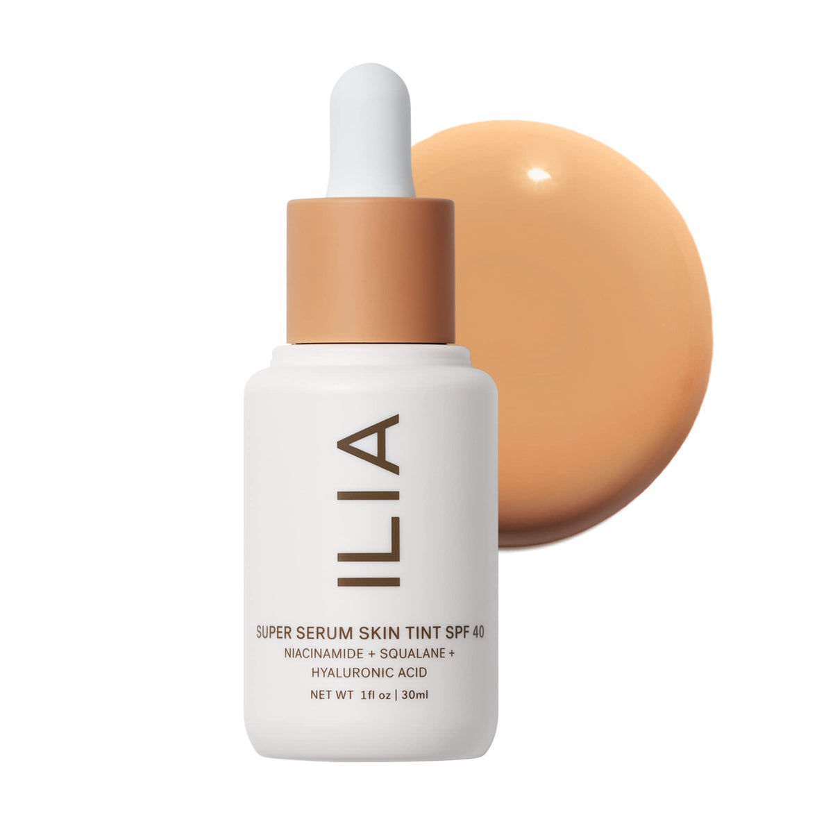 ILIA front packaging of Super Serum Skin Tint showing label and pump, clear view benefits