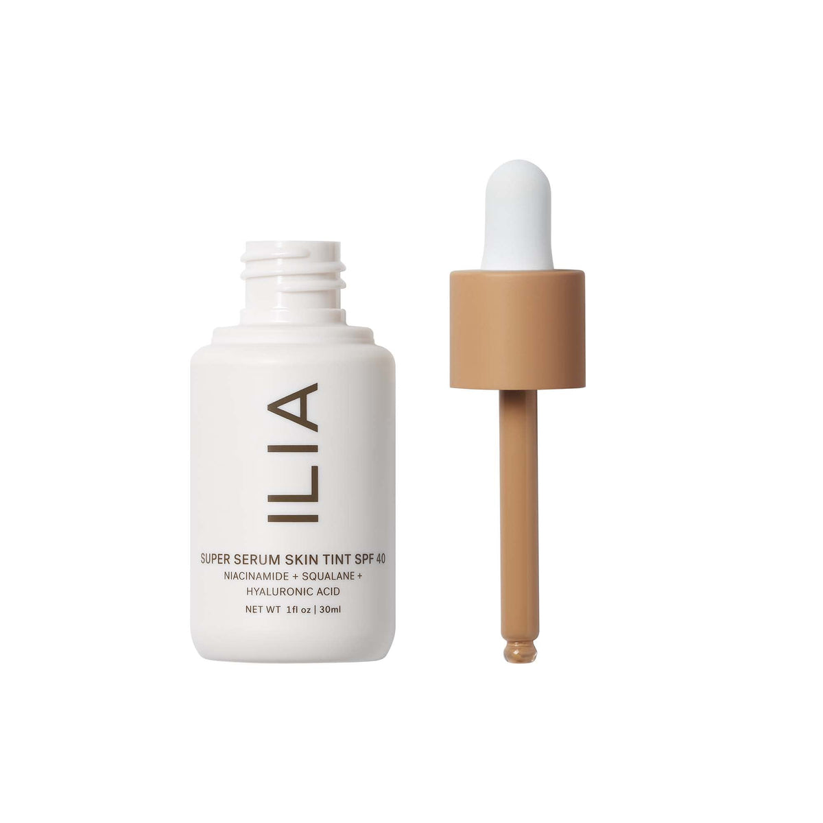 ILIA pump dispensing serum texture close-up, shows lightweight hydrating consistency