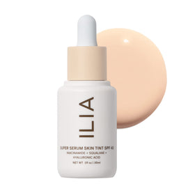 ILIA front bottle of Super Serum Skin Tint showing shade rendezvous ST1 and SPF benefit
