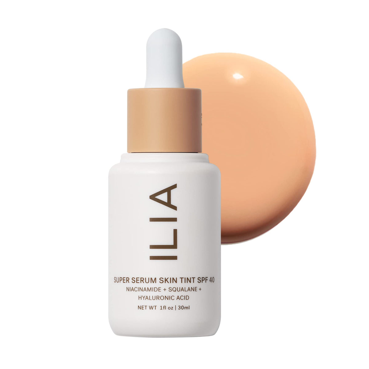ILIA front view of Super Serum Skin Tint Kai ST6.5 showing packaging and shade