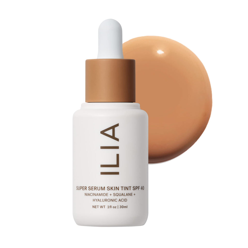 ILIA Super Serum Skin Tint front view shows clean packaging and mineral SPF benefit