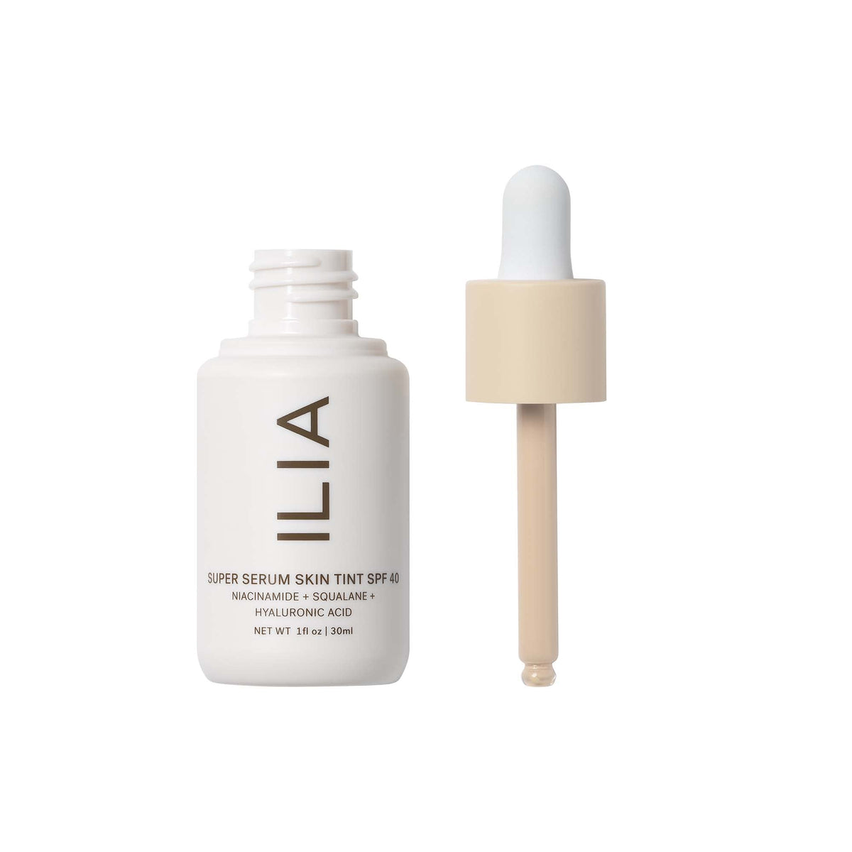 ILIA skin tint texture close-up showing dewy serum-like finish and hydrating feel