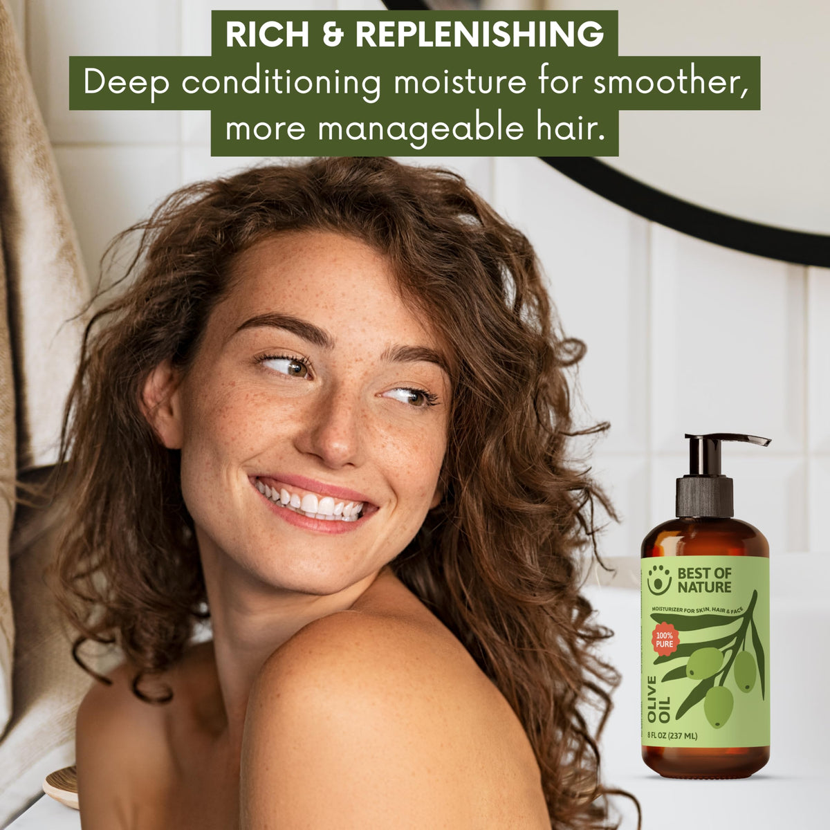 Best of Nature 100% Pure Olive Body & Massage Oil, Unscented 8 fl oz — Cold-Pressed Moisturizer for Skin & Hair