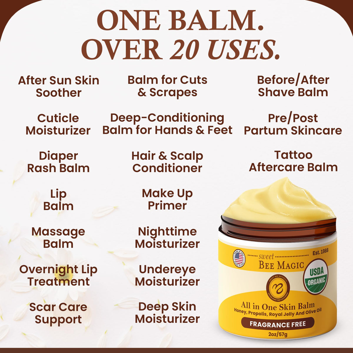 Sweet Bee Naturals Organic Honey Bee Balm for Face & Body — 2 oz jar, beeswax + honey moisturizer