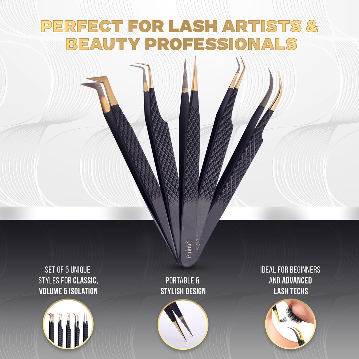 Image Beauty Insight 90-degree volume tweezer in hand demonstrating ergonomic angle for precise fan making