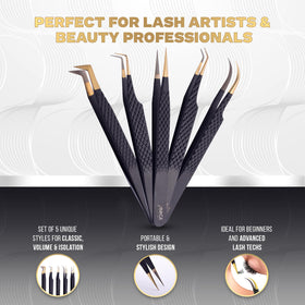 Image Beauty Insight 90-degree volume tweezer in hand demonstrating ergonomic angle for precise fan making