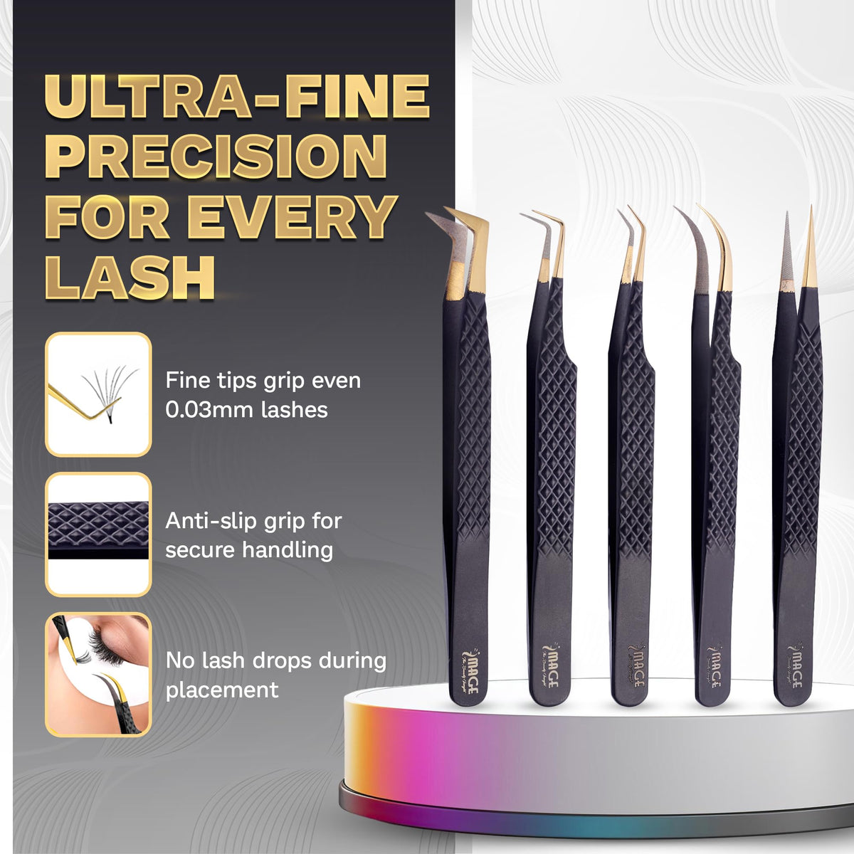 Image Beauty Insight full collection laid flat displaying five titanium-coated tweezers for versatile styling