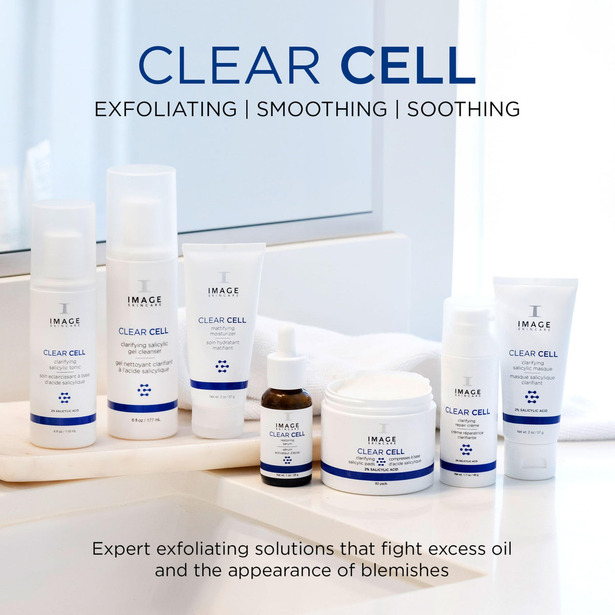 IMAGE Skincare pads placed on bathroom counter showing travel-ready, on-the-go skincare benefit