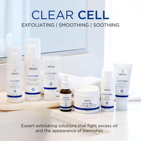 IMAGE Skincare pads placed on bathroom counter showing travel-ready, on-the-go skincare benefit