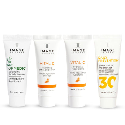 IMAGE Skincare front packaging showing four travel-size products and brand clarity