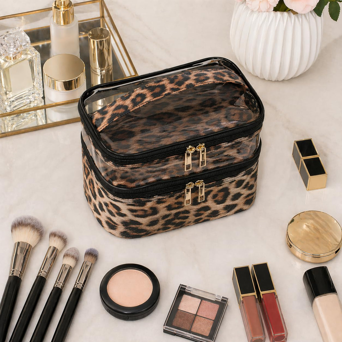 imerelez leopard packed inside suitcase saving space and organizing toiletries
