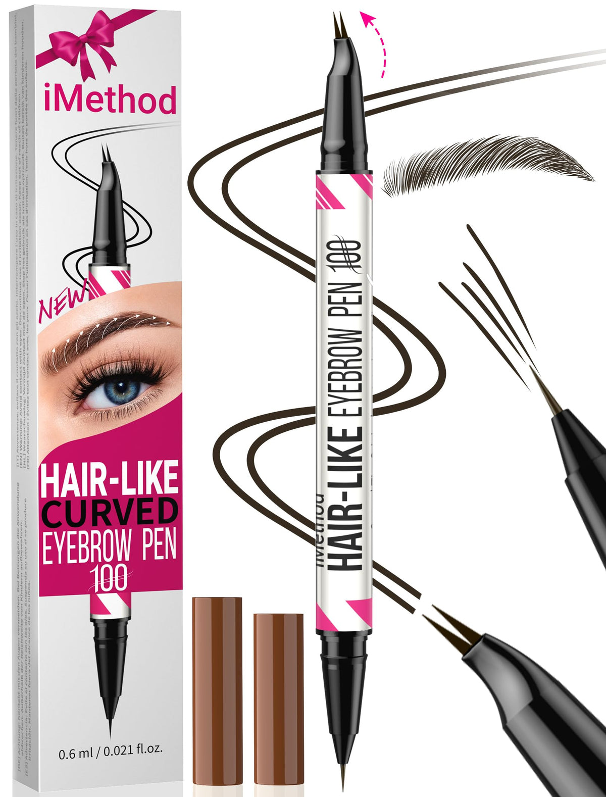 iMethod curved eyebrow pen front view showing dual-ended design and compact shape for easy use