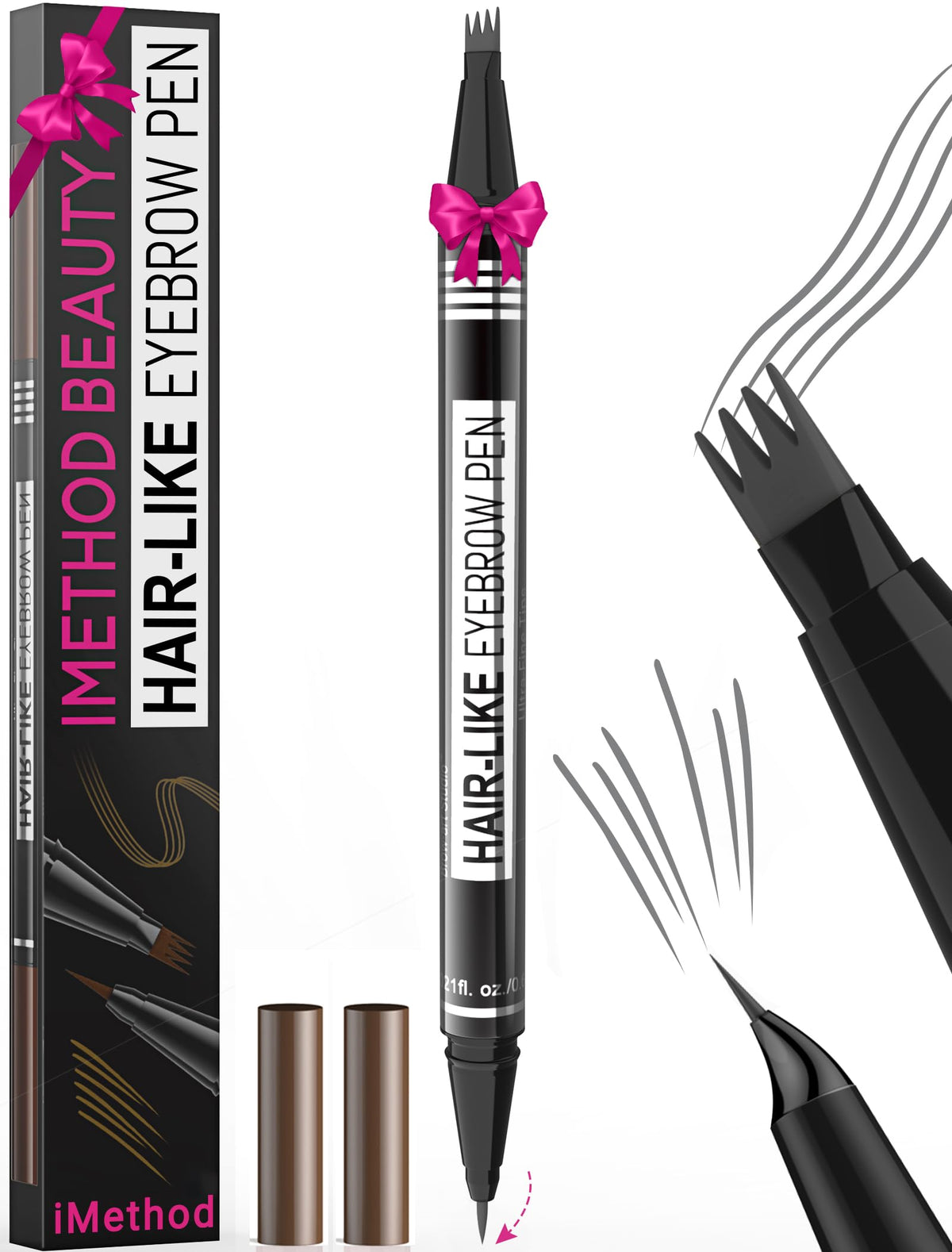 iMethod eyebrow pen front view showing dual-ended design and compact benefit