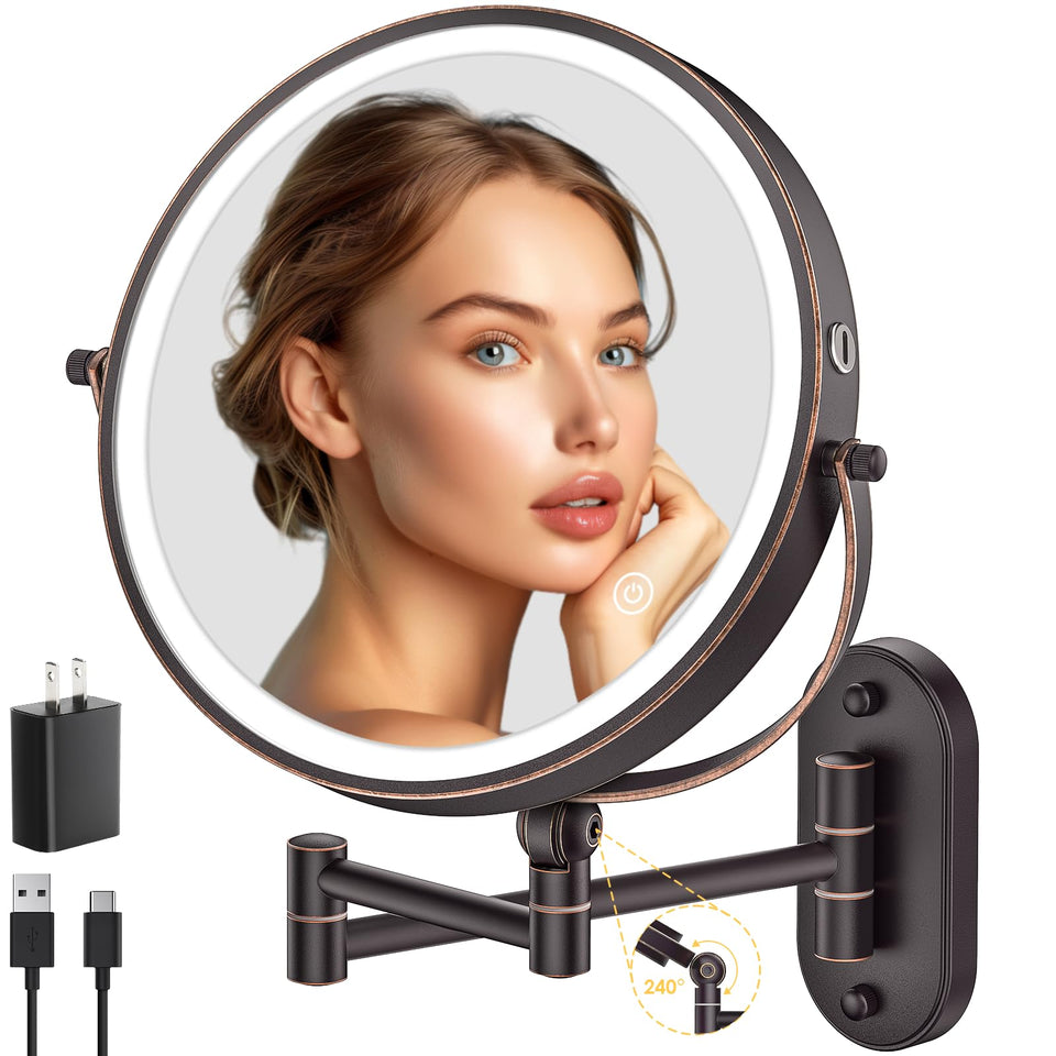 IMIKONA front view of 9-inch wall-mounted lighted mirror showing slim profile and mounted arm for space saving