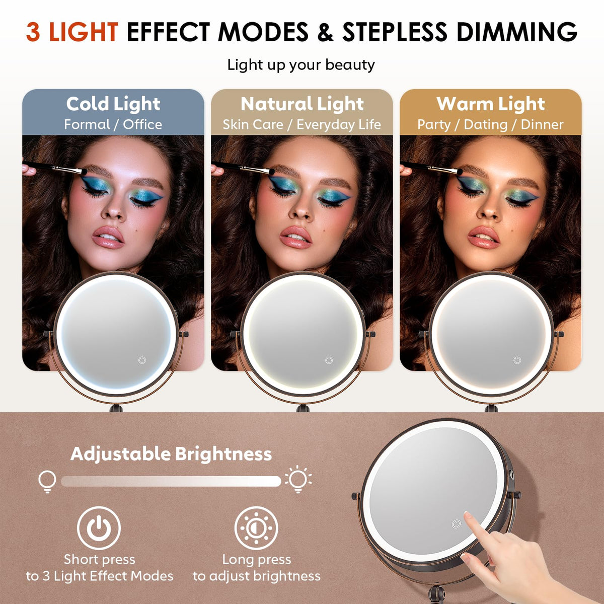 IMIKONA touch control pad with three-color LEDs and dimming feature for accurate makeup lighting
