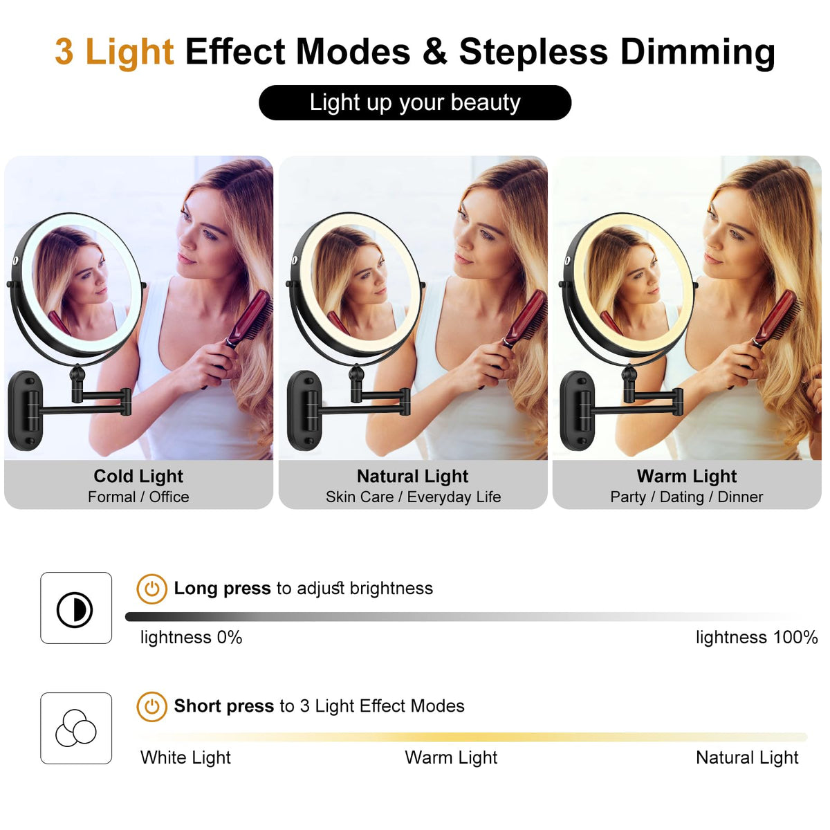 IMIKONA touch control panel lit displaying three-color lights and easy dimming benefit