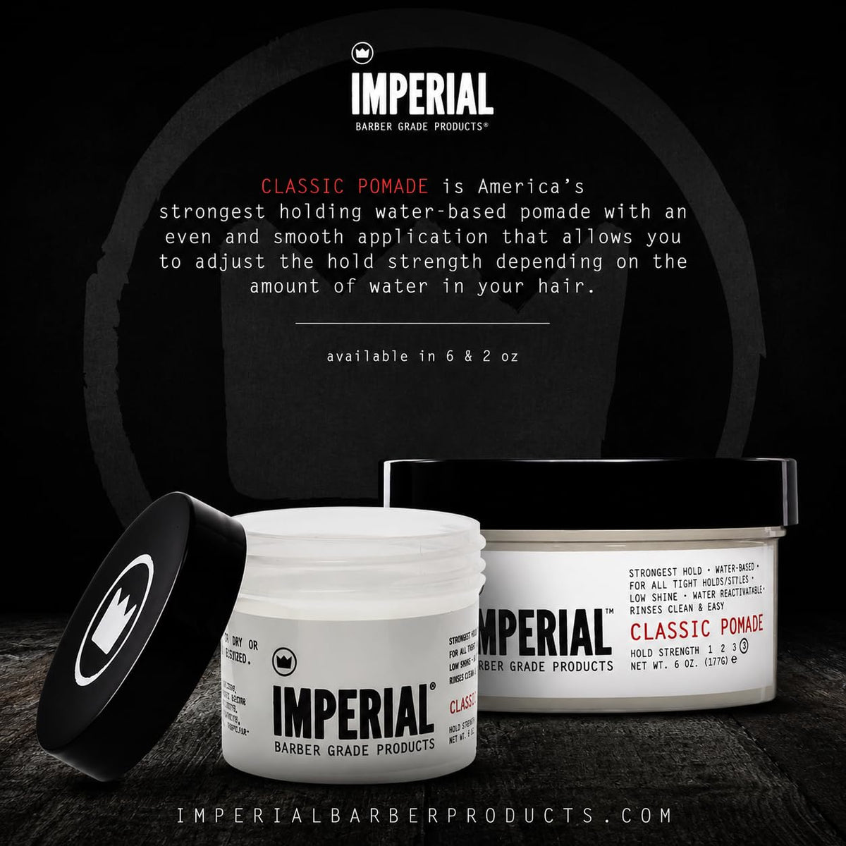 Imperial Barber Grade classic pomade in barbershop setting on counter, salon-grade performance