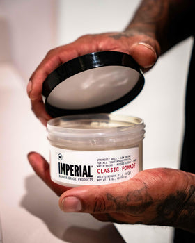 Imperial Barber Grade classic pomade styled hair with comb, precise shaping and control