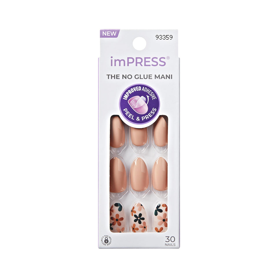 imPRESS front packaging showing beige almond nails and kit contents for quick application