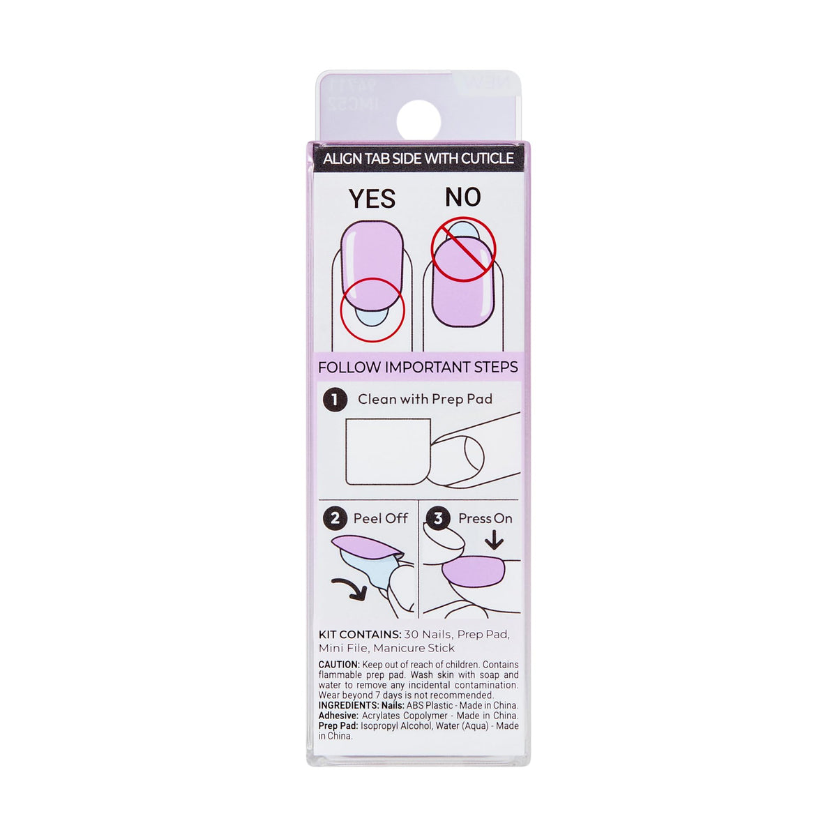 imPRESS packaging back label showing size assortment and application instructions