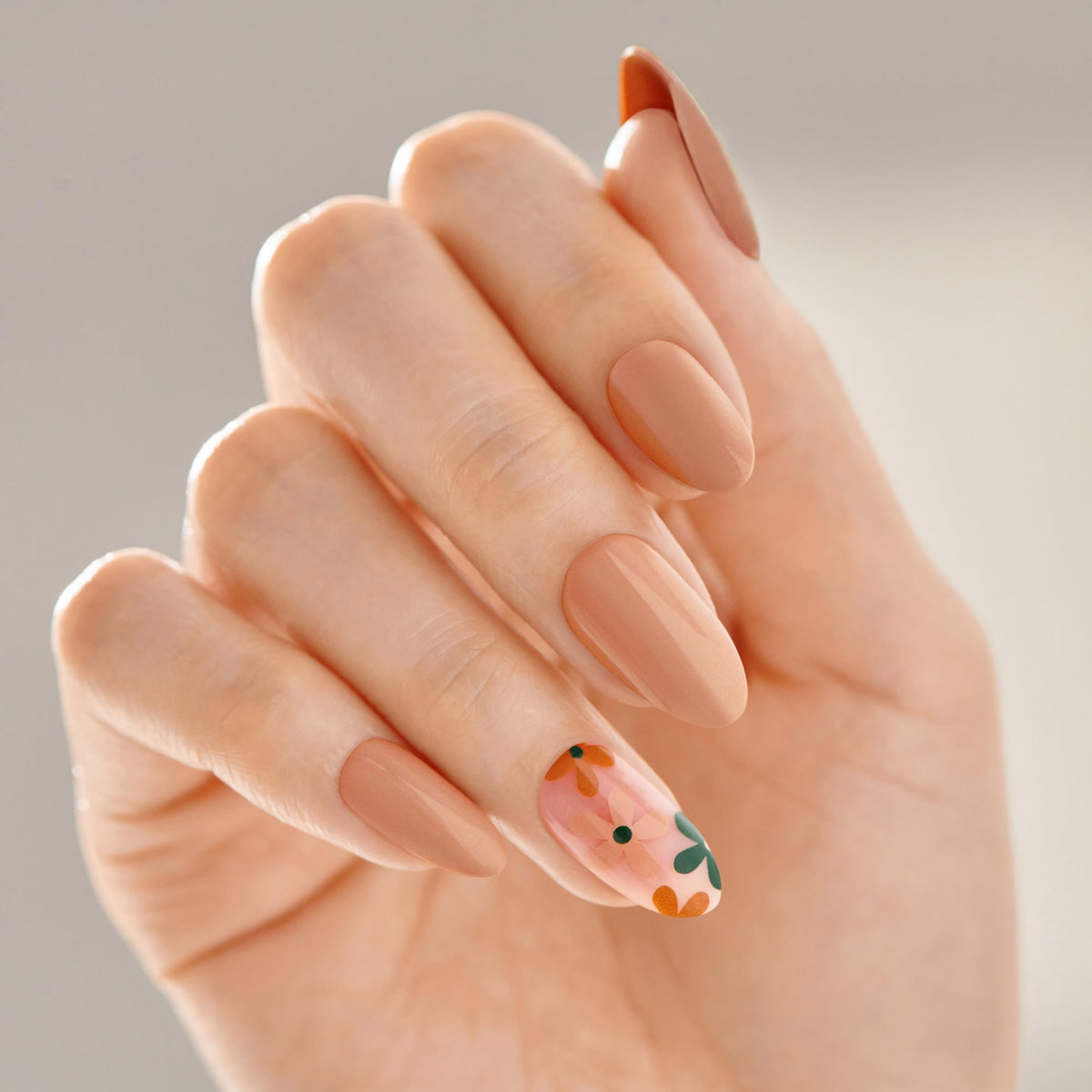 imPRESS thirty beige medium almond nails displayed to highlight size variety and fit