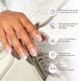 imPRESS scale comparison on fingertip showing natural short squoval fit