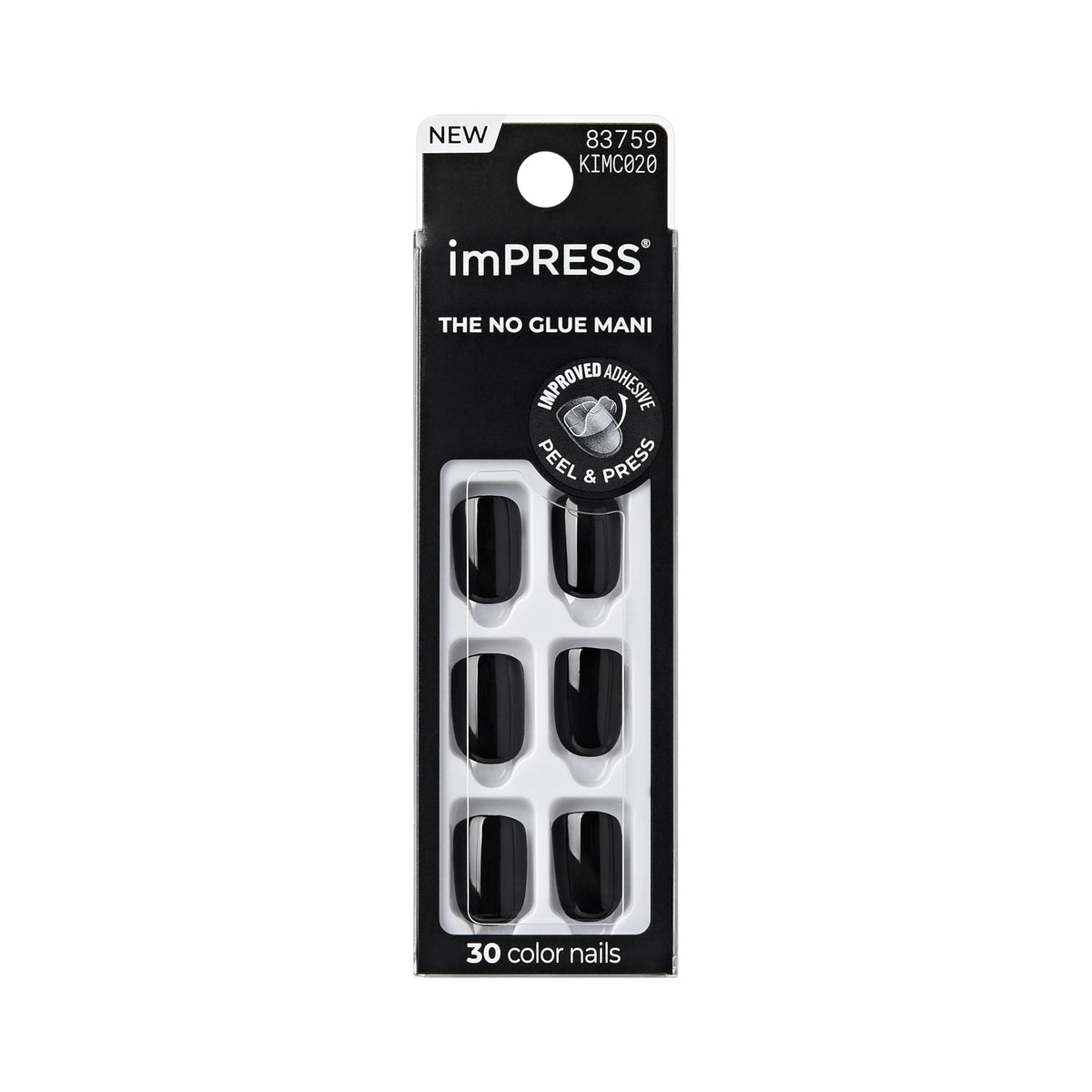 imPRESS front packaging showing 30 all-black nails and tools for instant polish-free mani