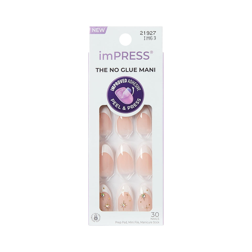 imPRESS front packaging showing white almond nails and kit contents for easy application