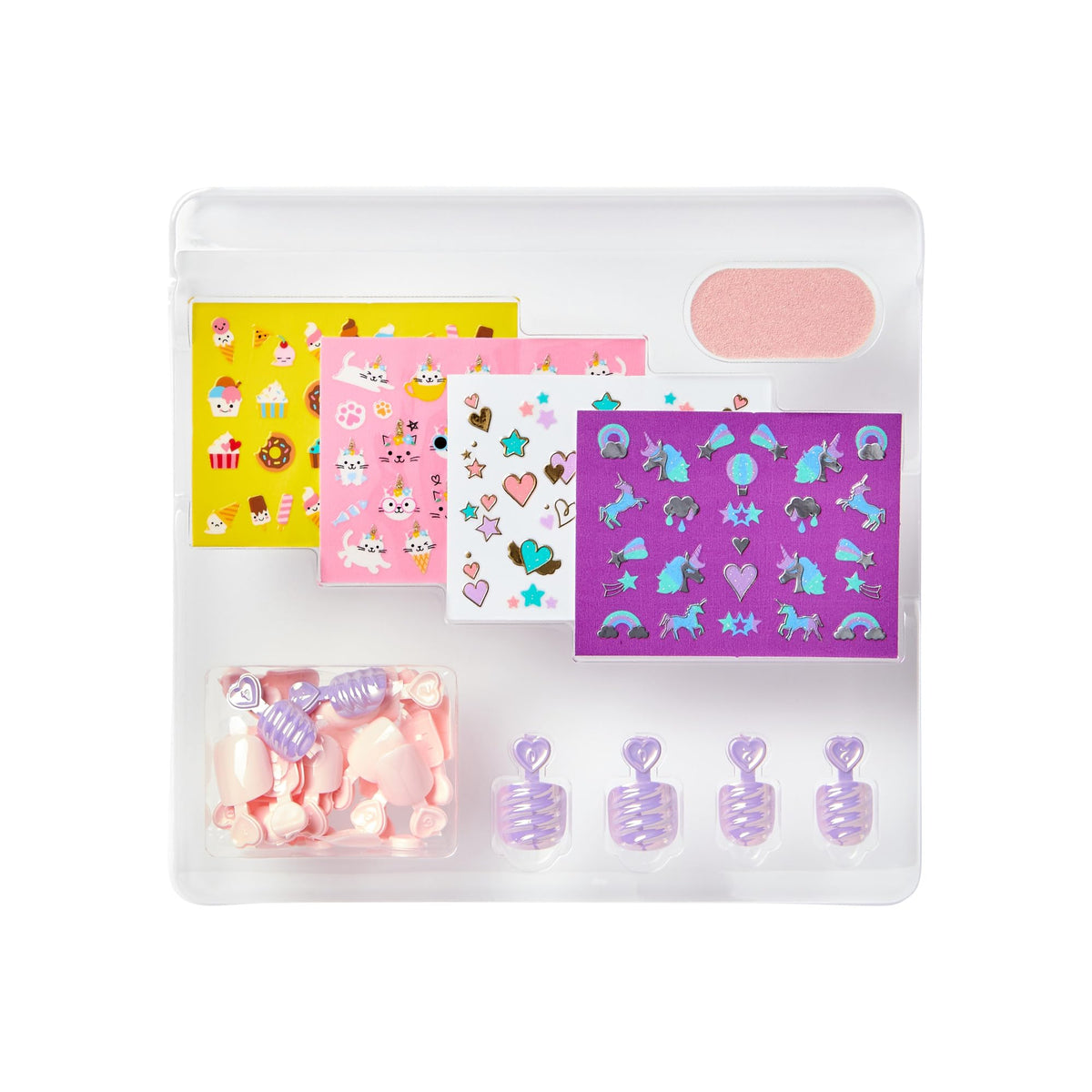 imPRESS sticker sheets spread showing unicorns, hearts, and kitties