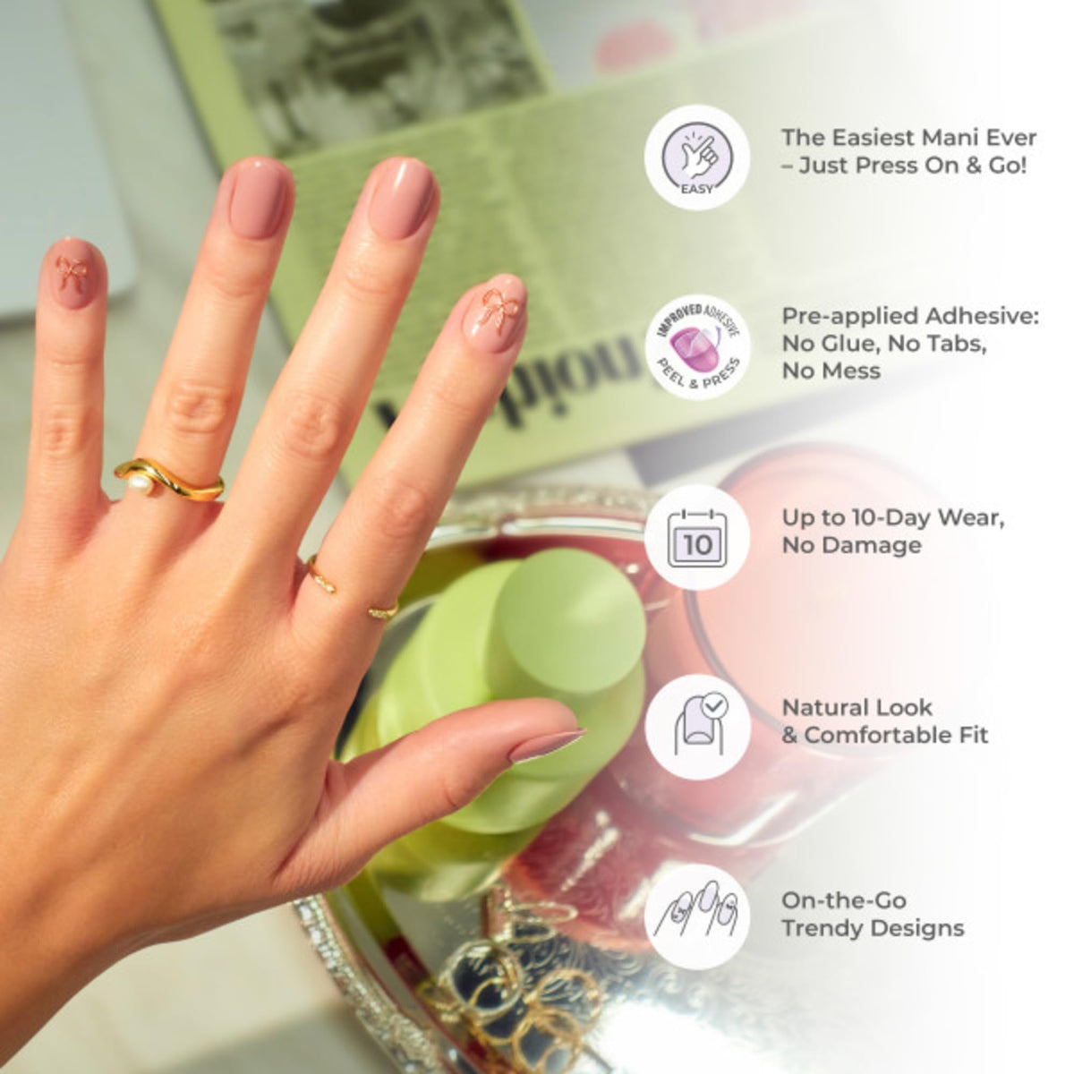 imPRESS nails applied on hand in lifestyle scene offering salon look fast