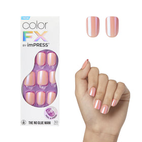 imPRESS front packaging showing Satellite pink press-on nails and kit contents for easy at-home manicure