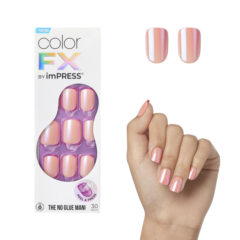 imPRESS front packaging showing Satellite pink press-on nails and kit contents for easy at-home manicure