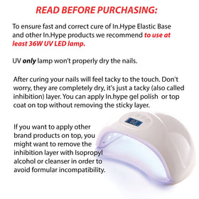 IN.HYPE bottle beside LED lamp illustrating fast curing under salon lamps