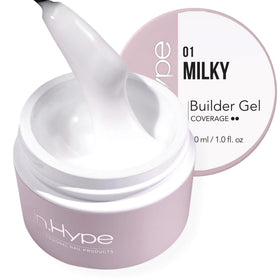 IN.HYPE front packaging showing milky builder gel and label, professional finish benefit