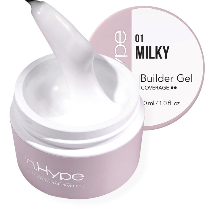 IN.HYPE front packaging showing milky builder gel and label, professional finish benefit
