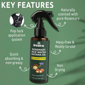 close-up of iNats label highlighting rosemary, rice water and biotin benefits
