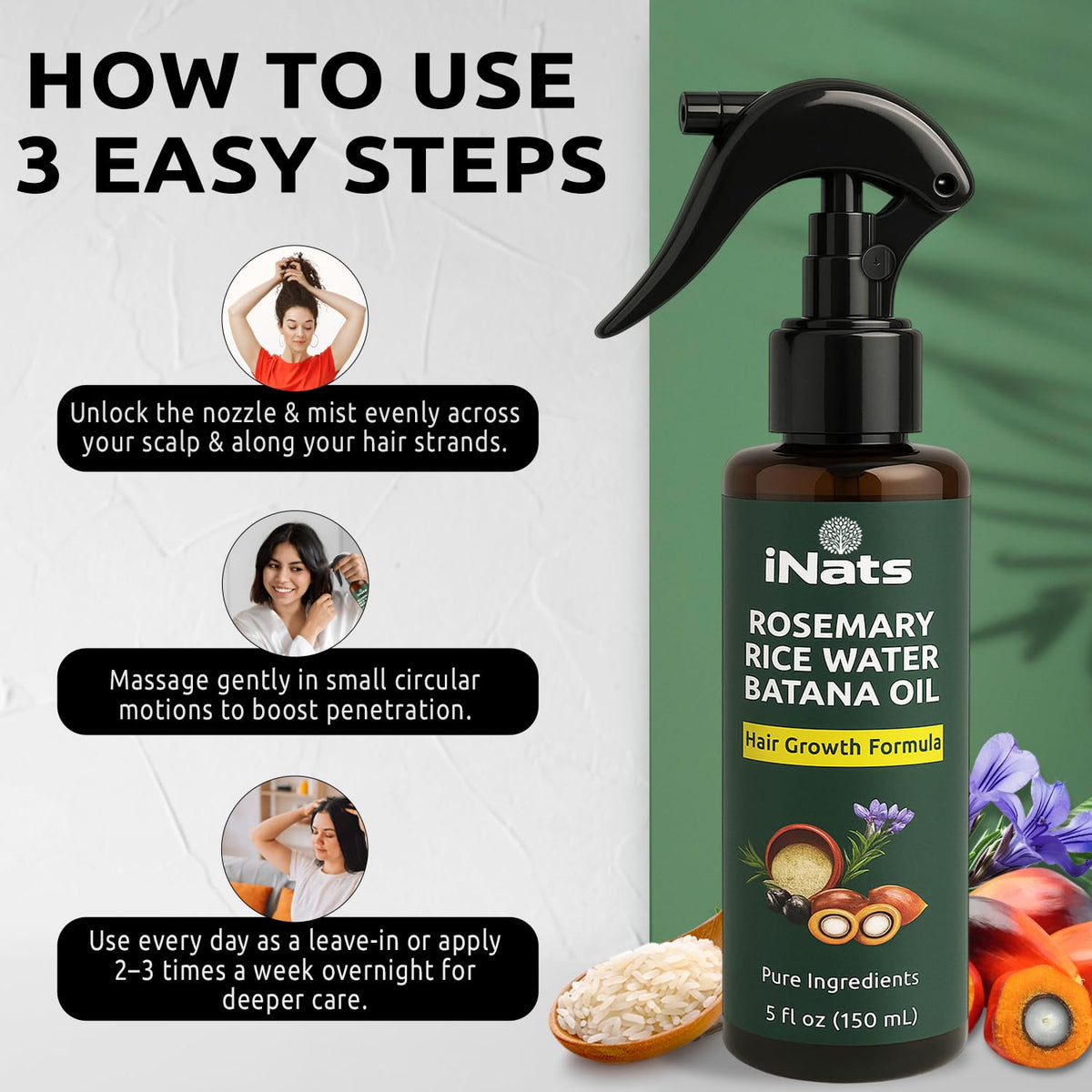 flatlay of rosemary, rice grains, batana and peppermint with iNats bottle benefits