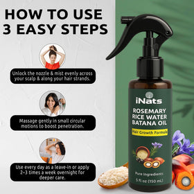 flatlay of rosemary, rice grains, batana and peppermint with iNats bottle benefits