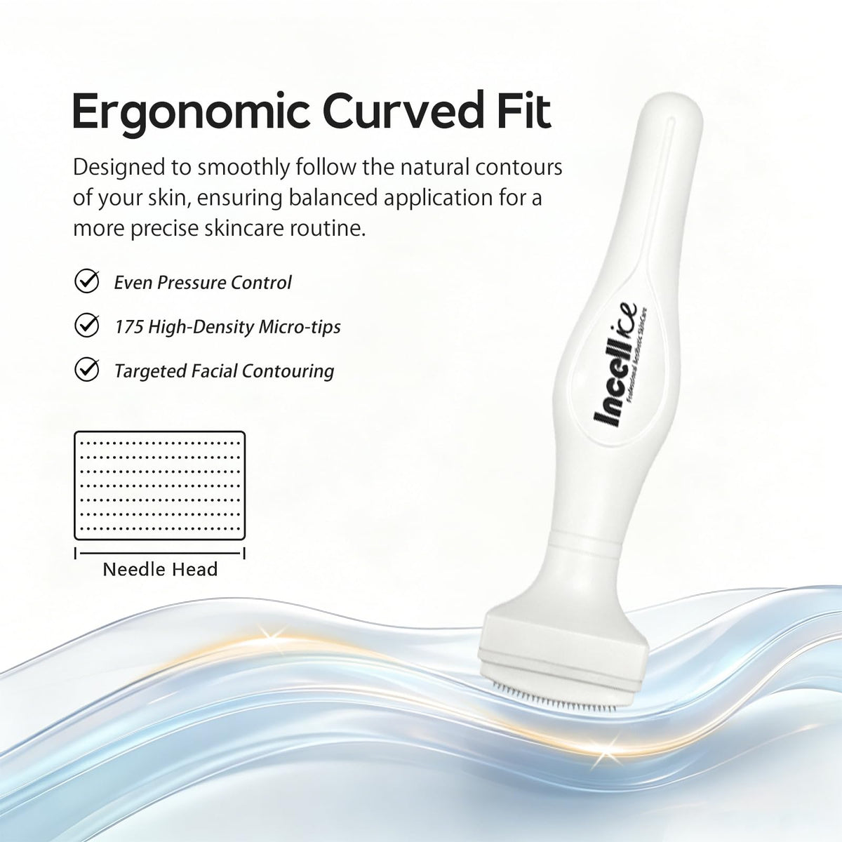 INCELLICE needle close-up highlighting 175 titanium microneedles and precision for targeted use