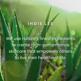 Indie Lee on a bathroom shelf in lifestyle scene suggesting routine-friendly, clean skincare