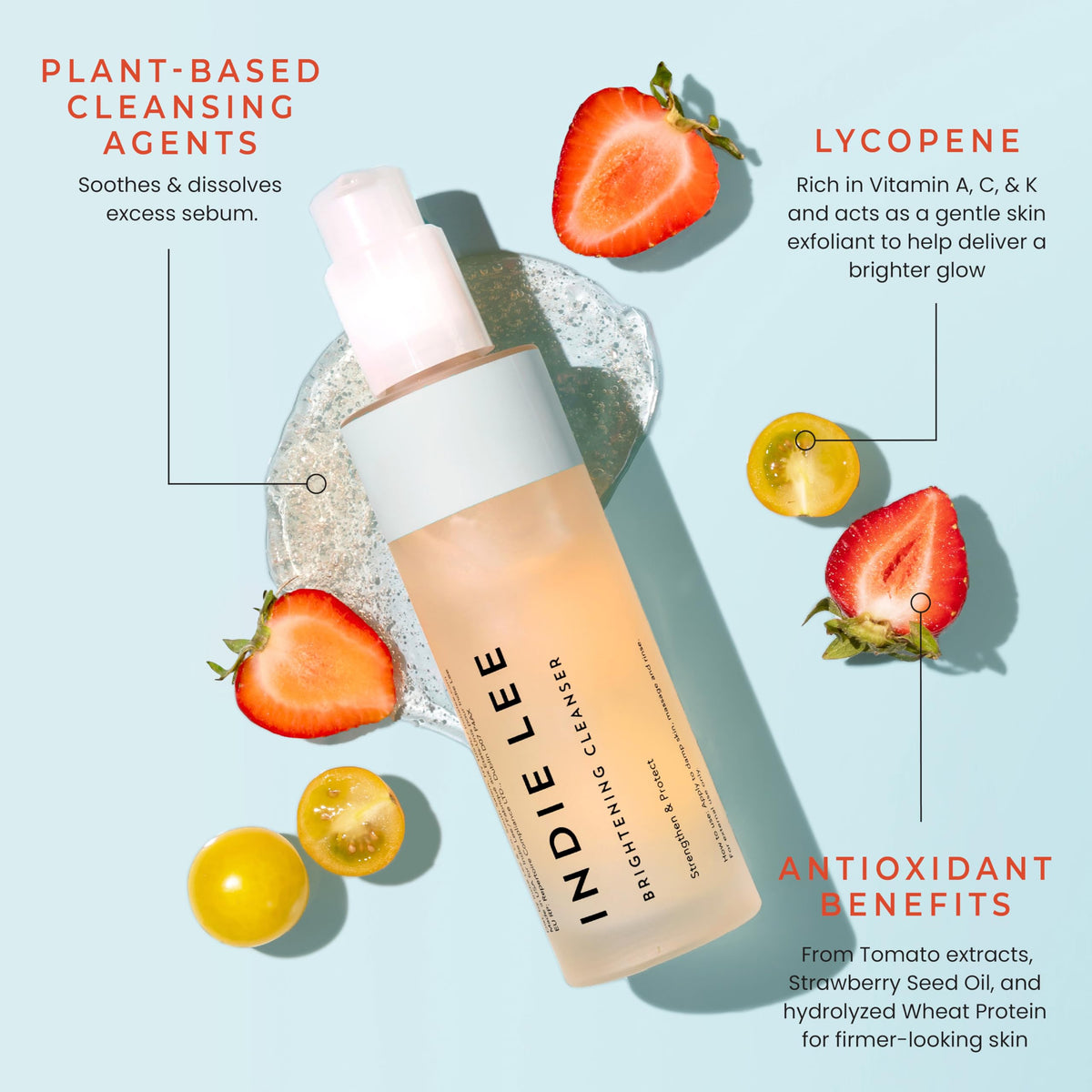 Indie Lee dispensing cleanser drop from pump to show easy, controlled application benefit