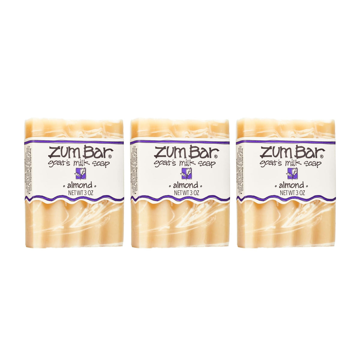 Indigo Wild Zum almond front packaging showing three bars and brand, highlights natural ingredients