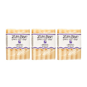 Indigo Wild Zum almond front packaging showing three bars and brand, highlights natural ingredients