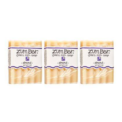Indigo Wild Zum almond front packaging showing three bars and brand, highlights natural ingredients