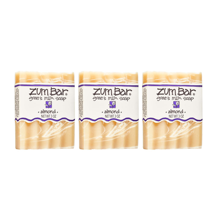Indigo Wild Zum almond front packaging showing three bars and brand, highlights natural ingredients